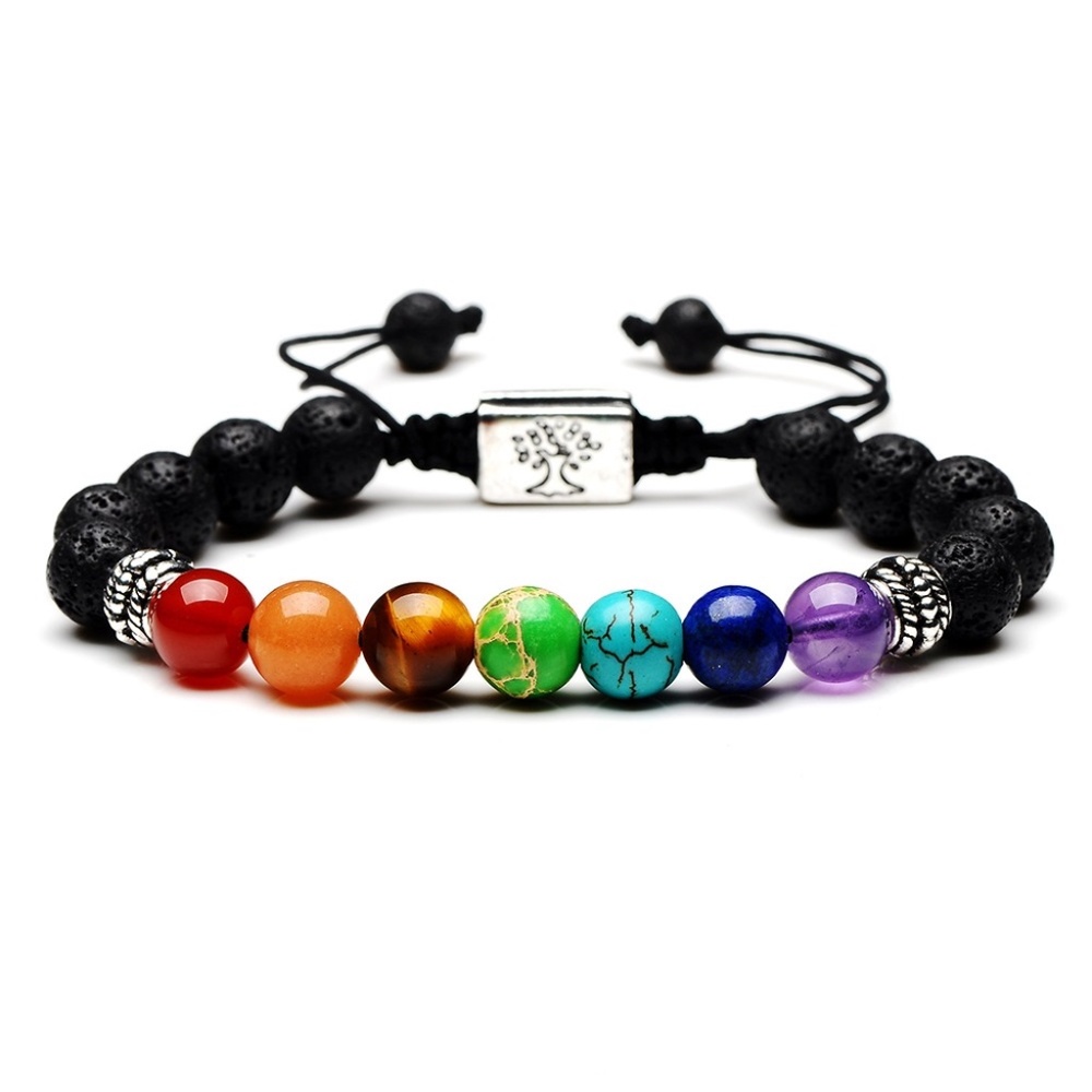 Adjustable Rainbow Chakra Lava Bead Bracelet Unisex